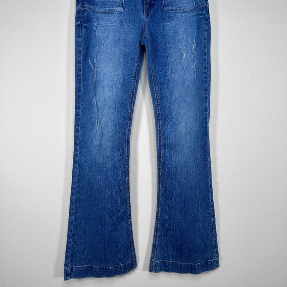 Vintage SO Bell Bottom Denim Jeans Women's 5 Blue Distressed Hippie Boho VTG - Picture 2 of 15